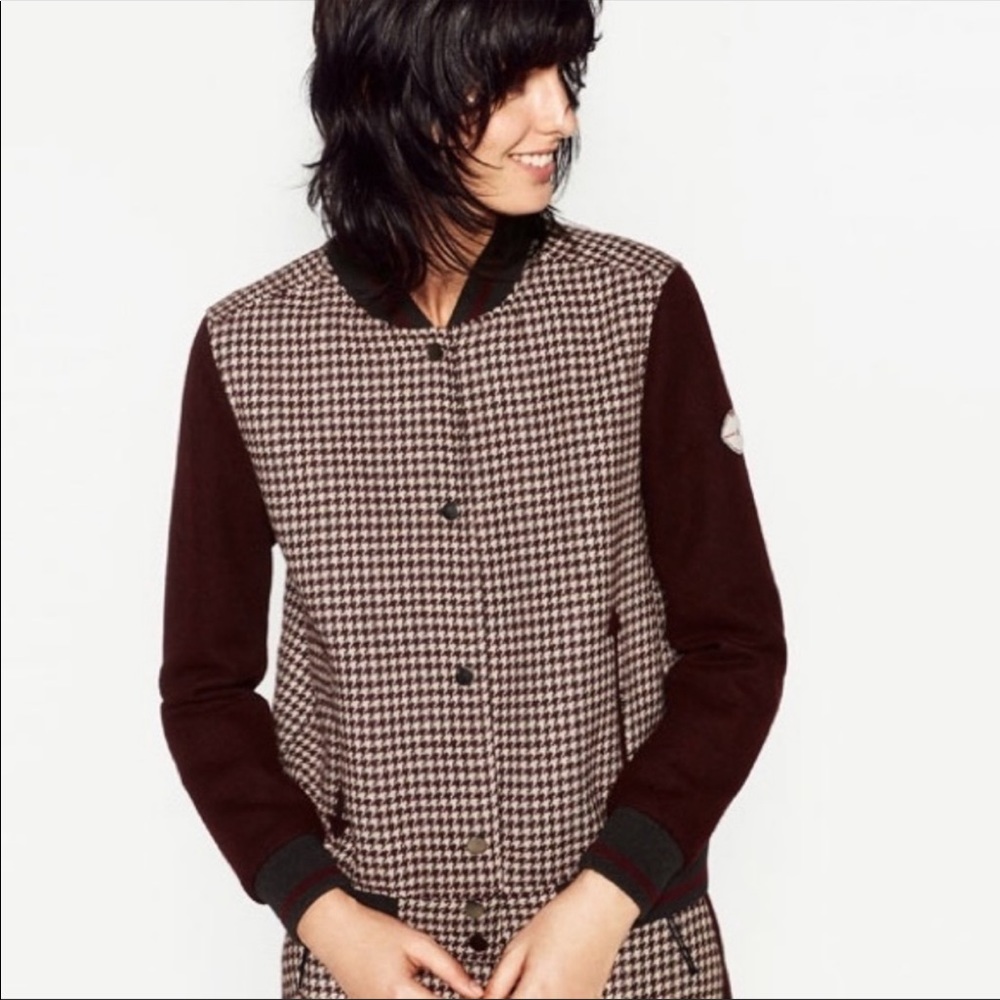 🆕 Zara Wool Tweed Houndstooth Varsity Bomber Jacket SIZE Large